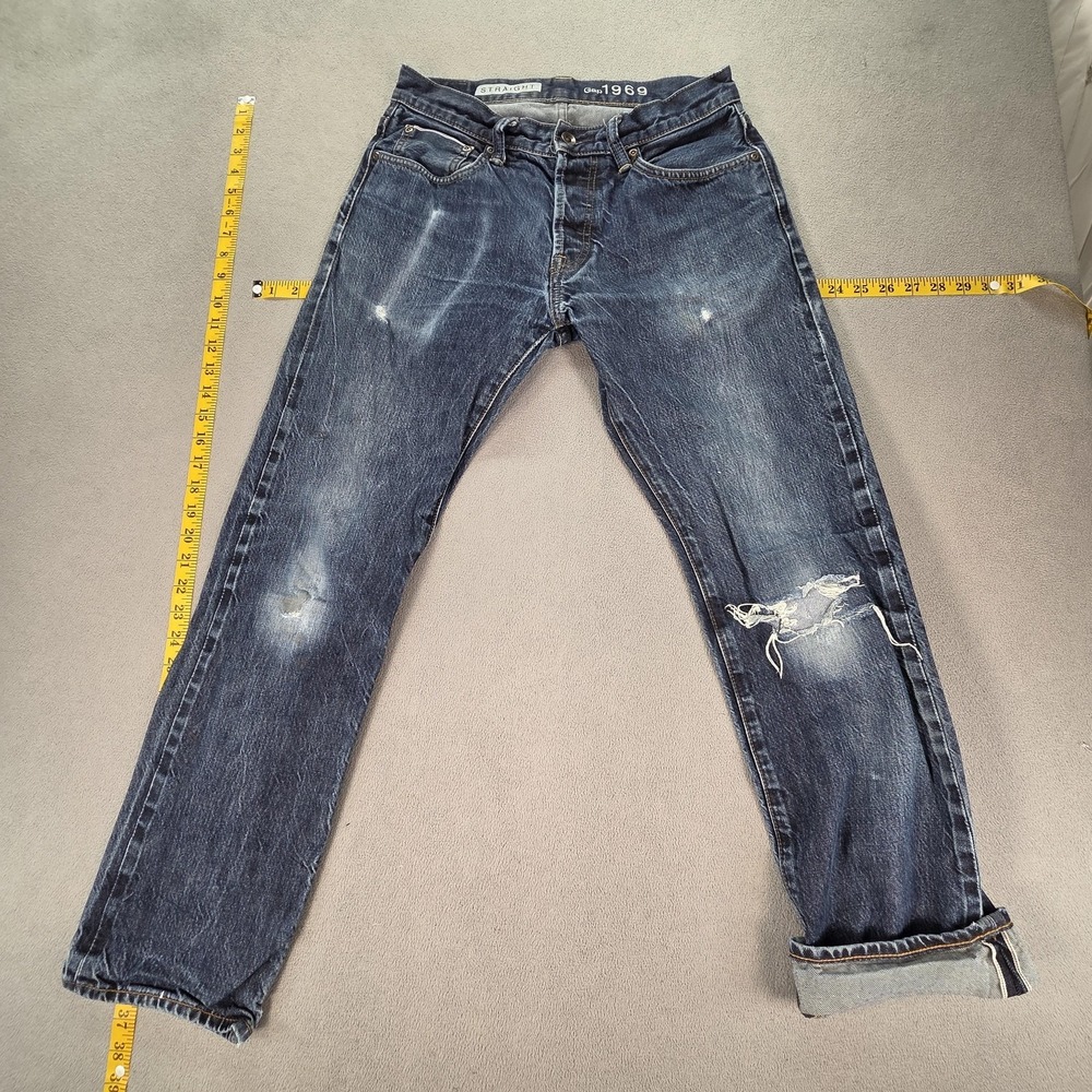 Gap 1969 Jeans Mens Selvedge Blue Med Wash Raw Straight Thrashed Fits 28x28